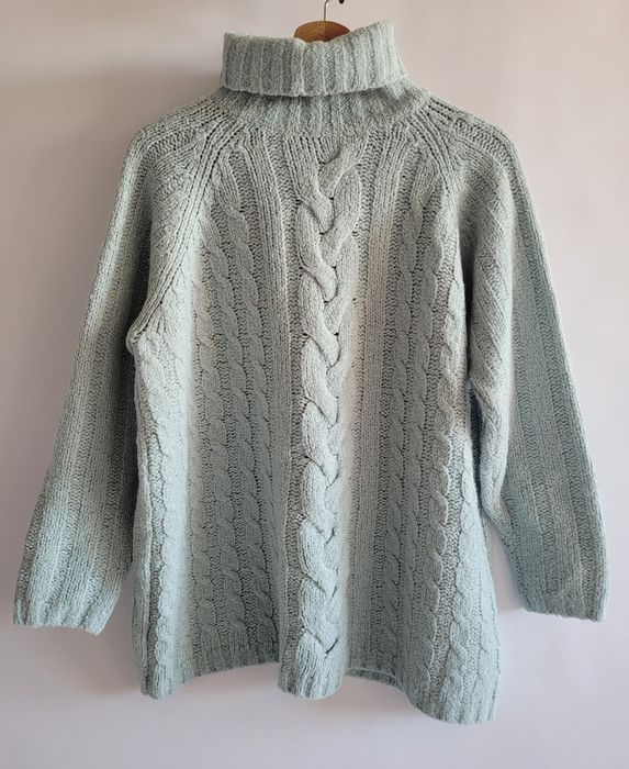 Błękitny niebieski gruby sweter z golfem oversize XL wełna cozy fall