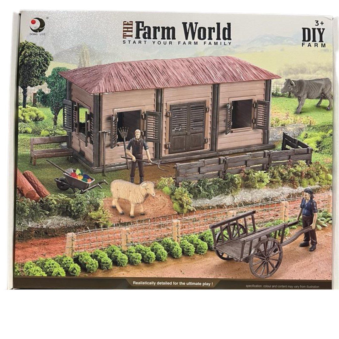zestaw farma domek rolnika rolnik krowa narzędzia rolnicze taczki akce