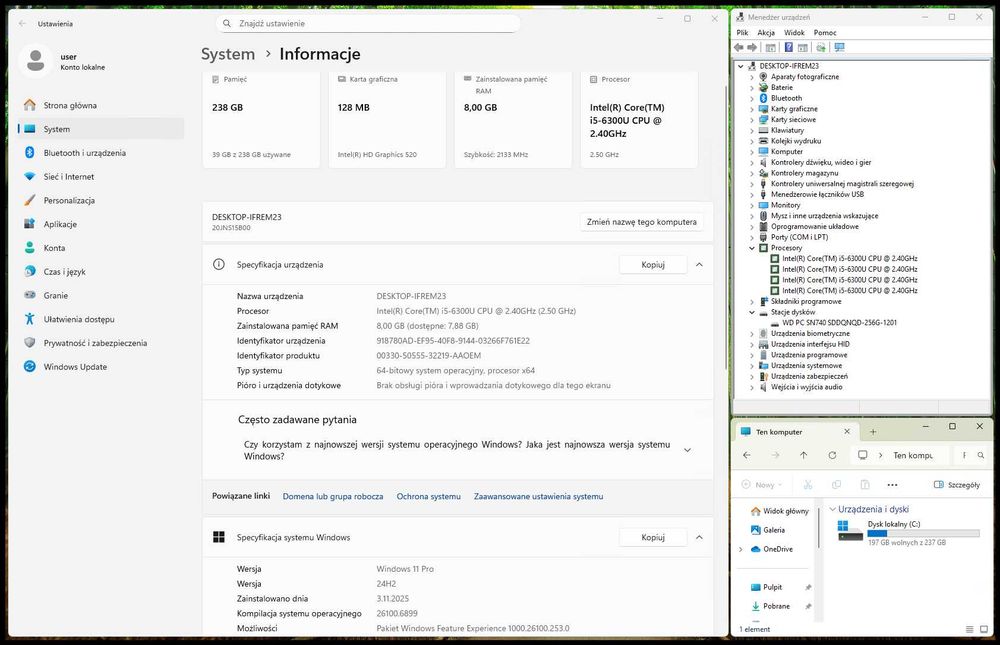 Laptop Lenovo ThinkPad T470, i5, SSD 256GB, 8GB RAM  ładny, Win 11.