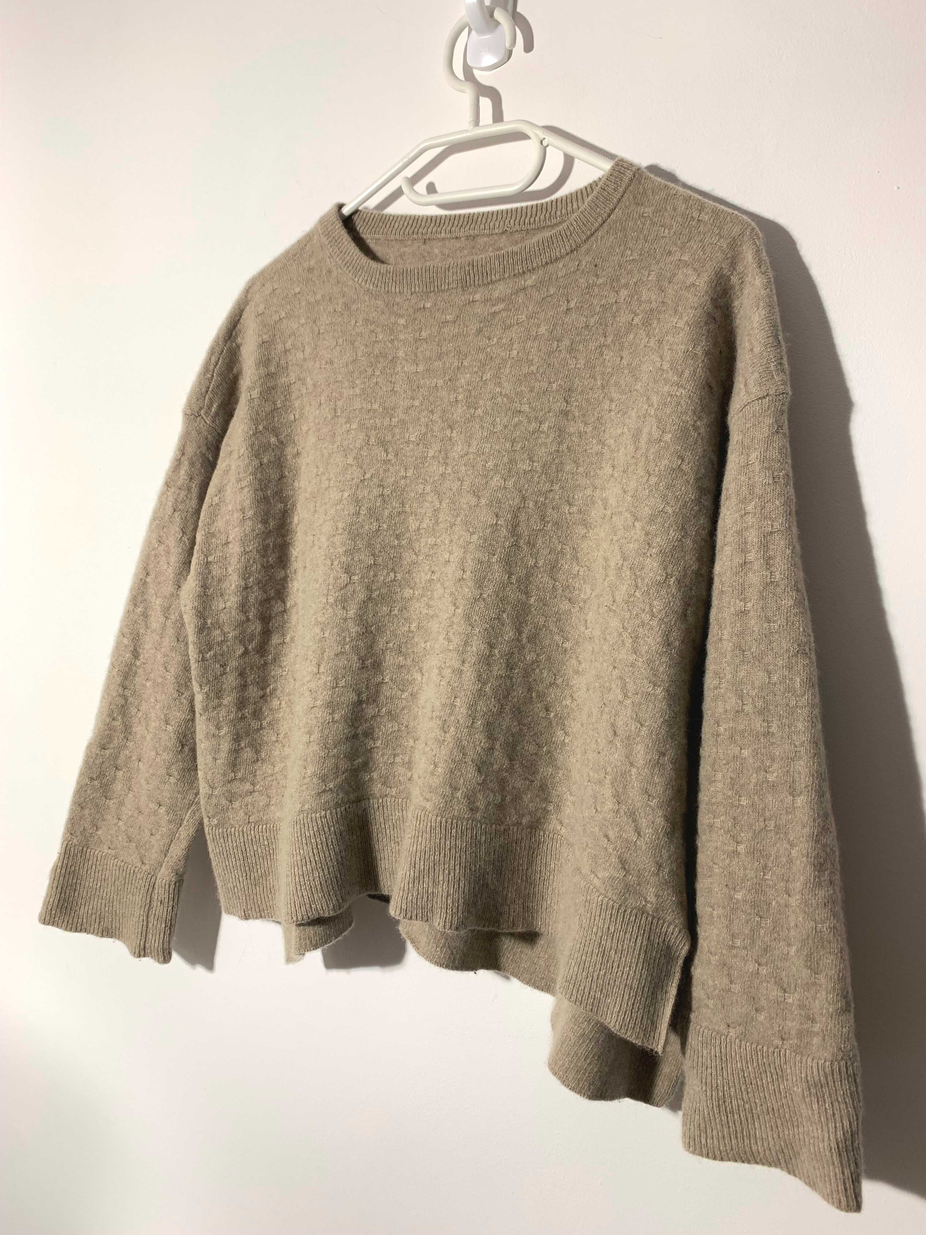 sweter XS S beż brąz oversize 100% wełna owcza lana superfine wełniany