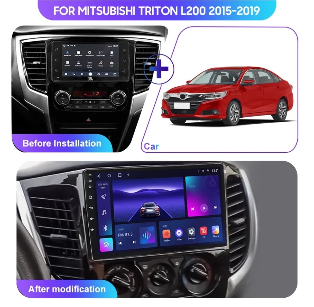 Radio 2 DIN Android 9" Mitsubishi Triton/L200 + carplay + 2015 a 2019