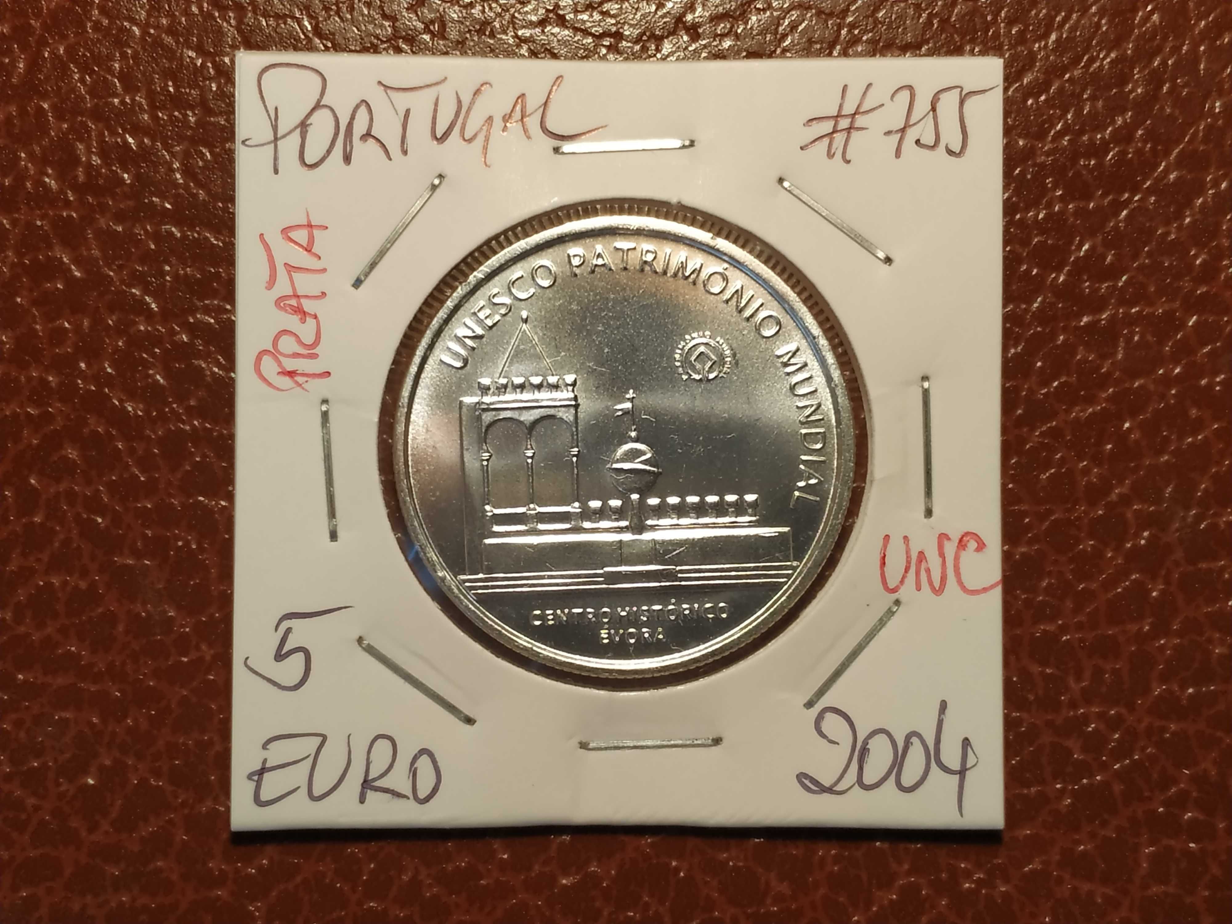 Portugal-moeda em prata de 5 euro de 2004 UNC (centro histórico Évora)