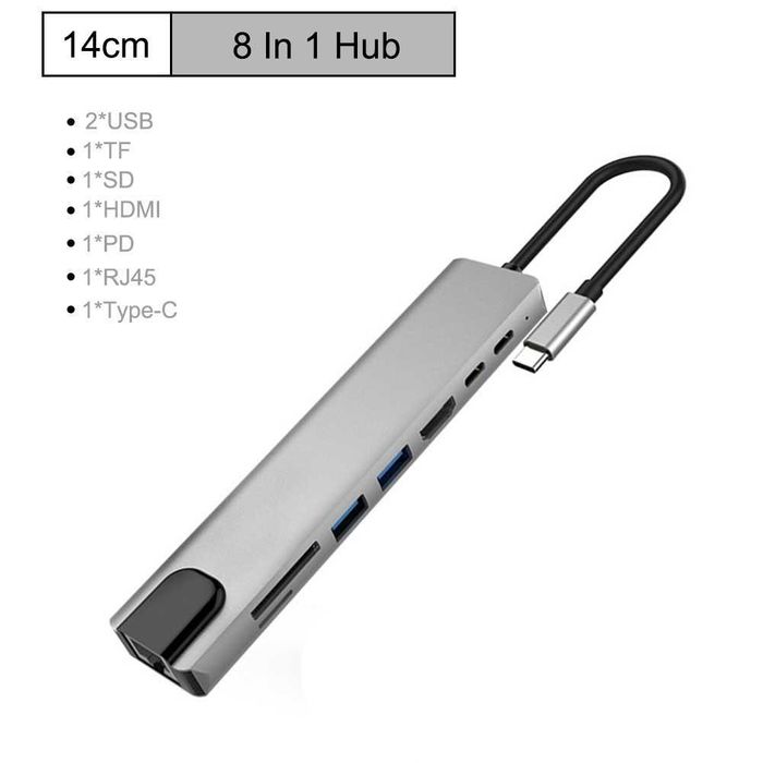 HUB Adapter USB-C 8w1 – Aluminium HDMI , RJ45, USB-C, Stacja dokująca