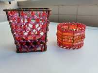 Porta-velas com missangas da Natura e argola para guardanapos