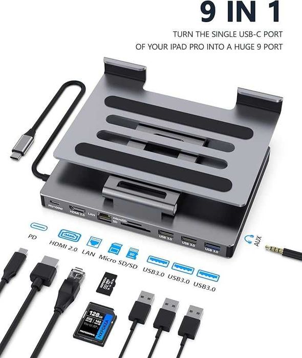 Hub do iPada Pro M4 M2 13 12,9 cala ST901 USB-C 9 w1  podstawka IPAD