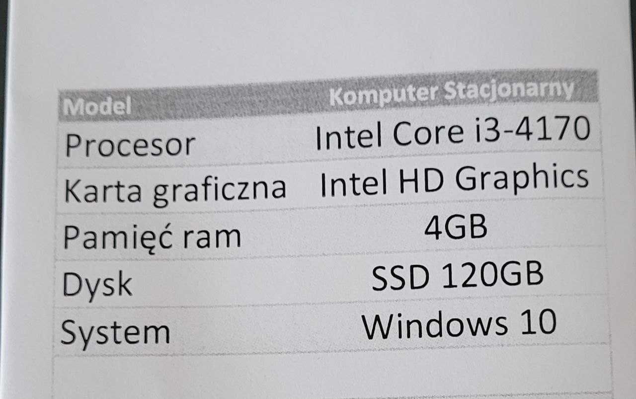 TANI komputer stacjonarny z procesorem Intel i3, SSD120, Windows 10