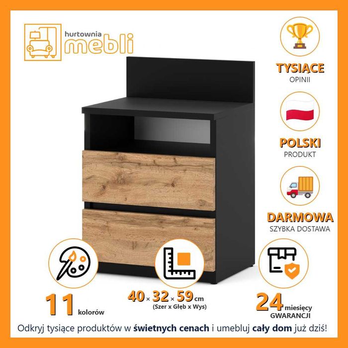 Szafka Nocna Nowoczesna Hugo Plus 40cm Wysoka Stolik Nocny Do Sypialni