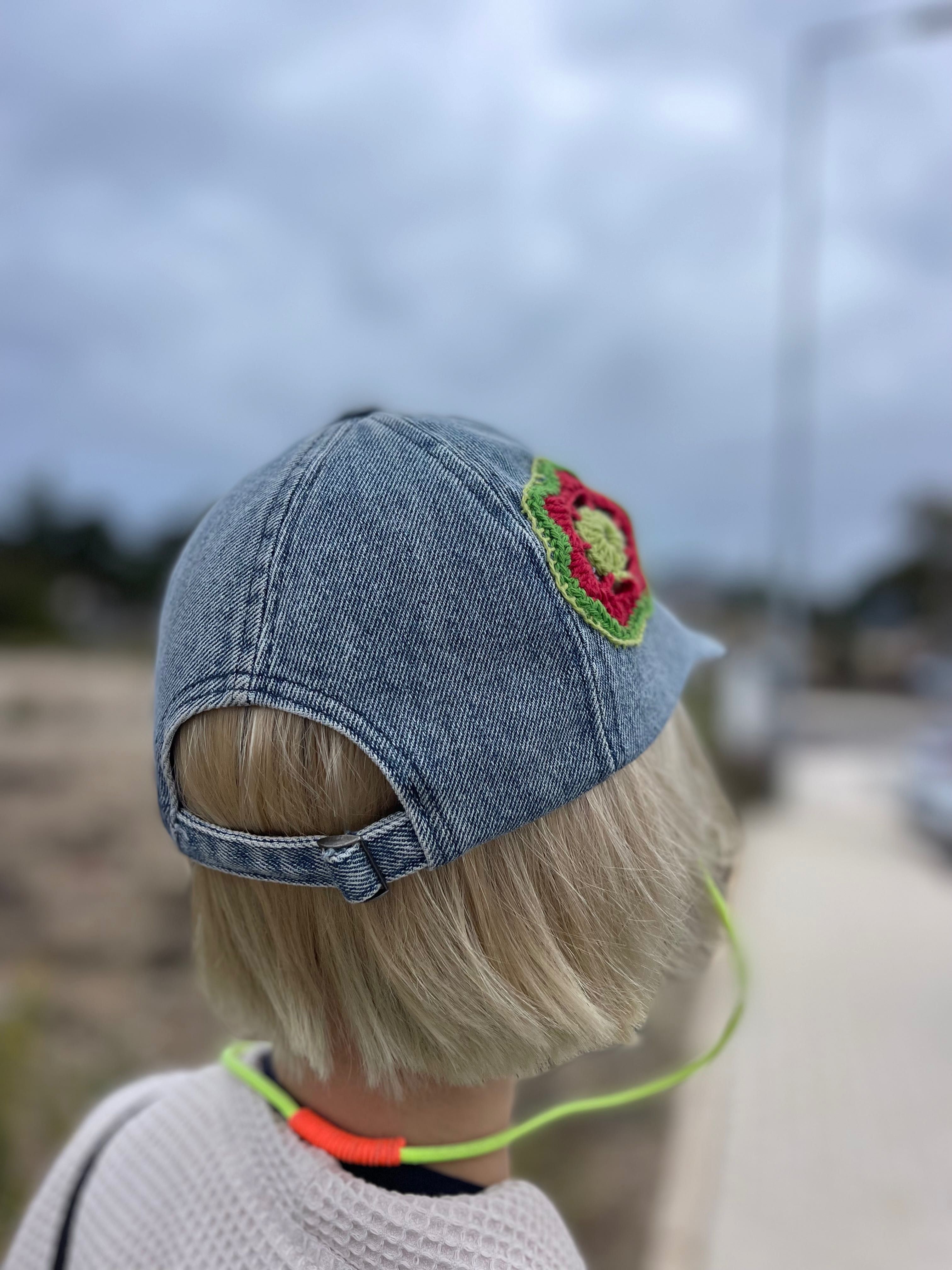 Customized denim cap with knitted flower patches don.bacon