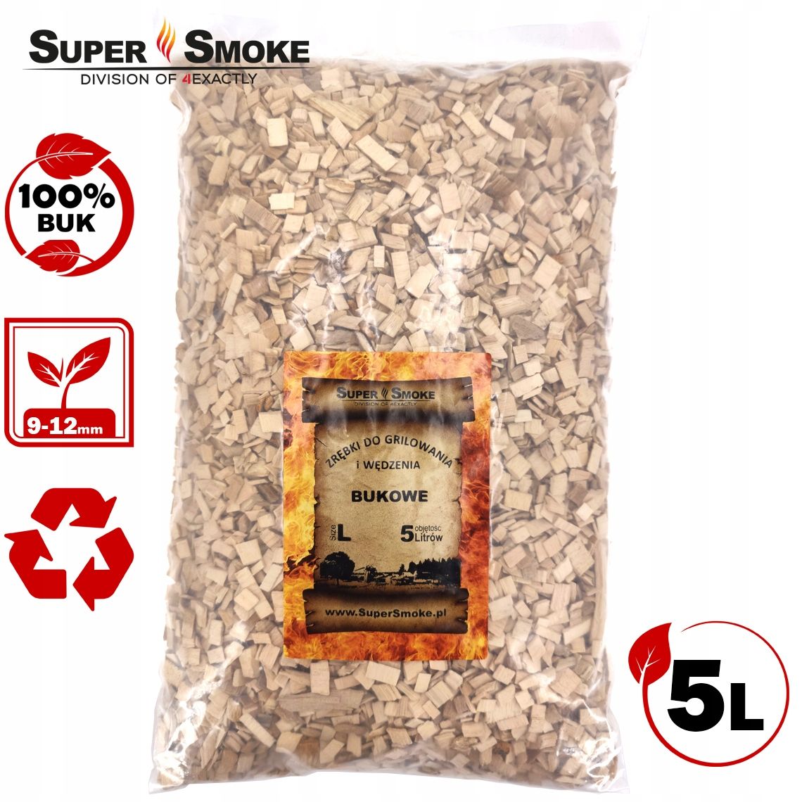 Zrębki Wędzarnicze Super Smoke BUK KL-10 (9-12mm) Large 5 Litrów