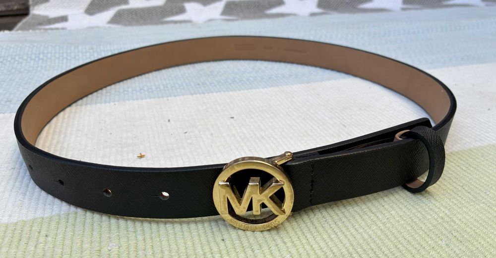 Pasek "Michael Kors" czarny złota klamra NOWY skóra r80