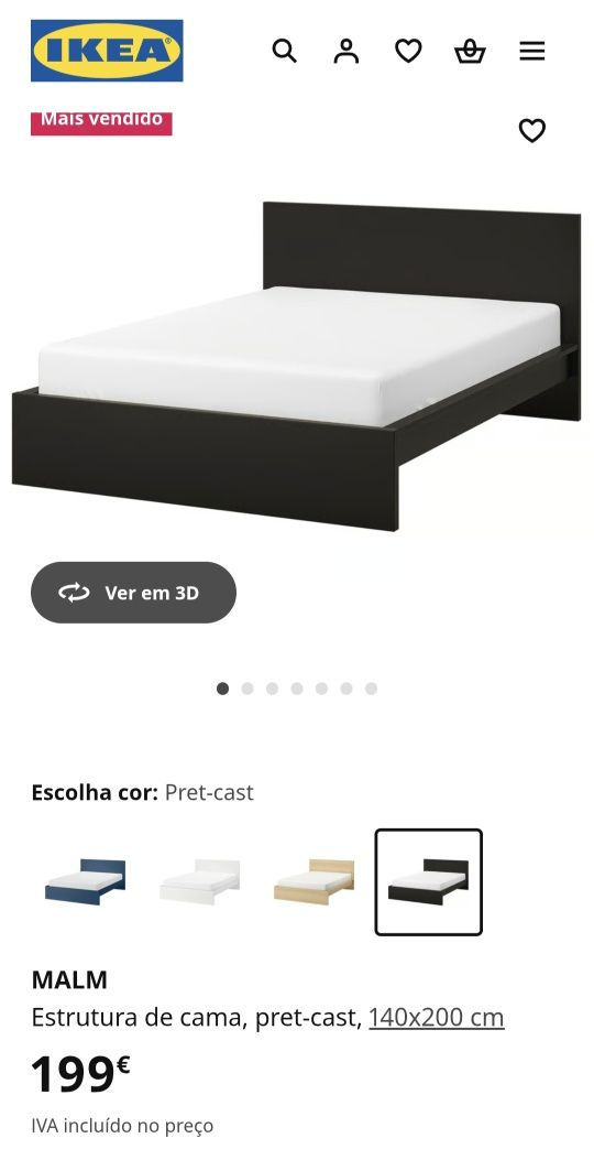 Cama casal Malm Ikea preta, com 2 mesas de cabeceira