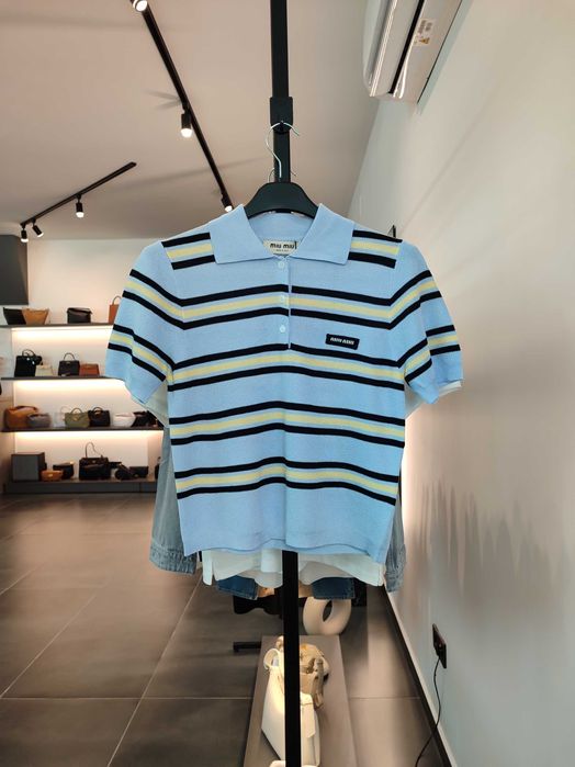 Поло Miu Miu Silk And Cotton Knit Polo Shirt Sky Blue