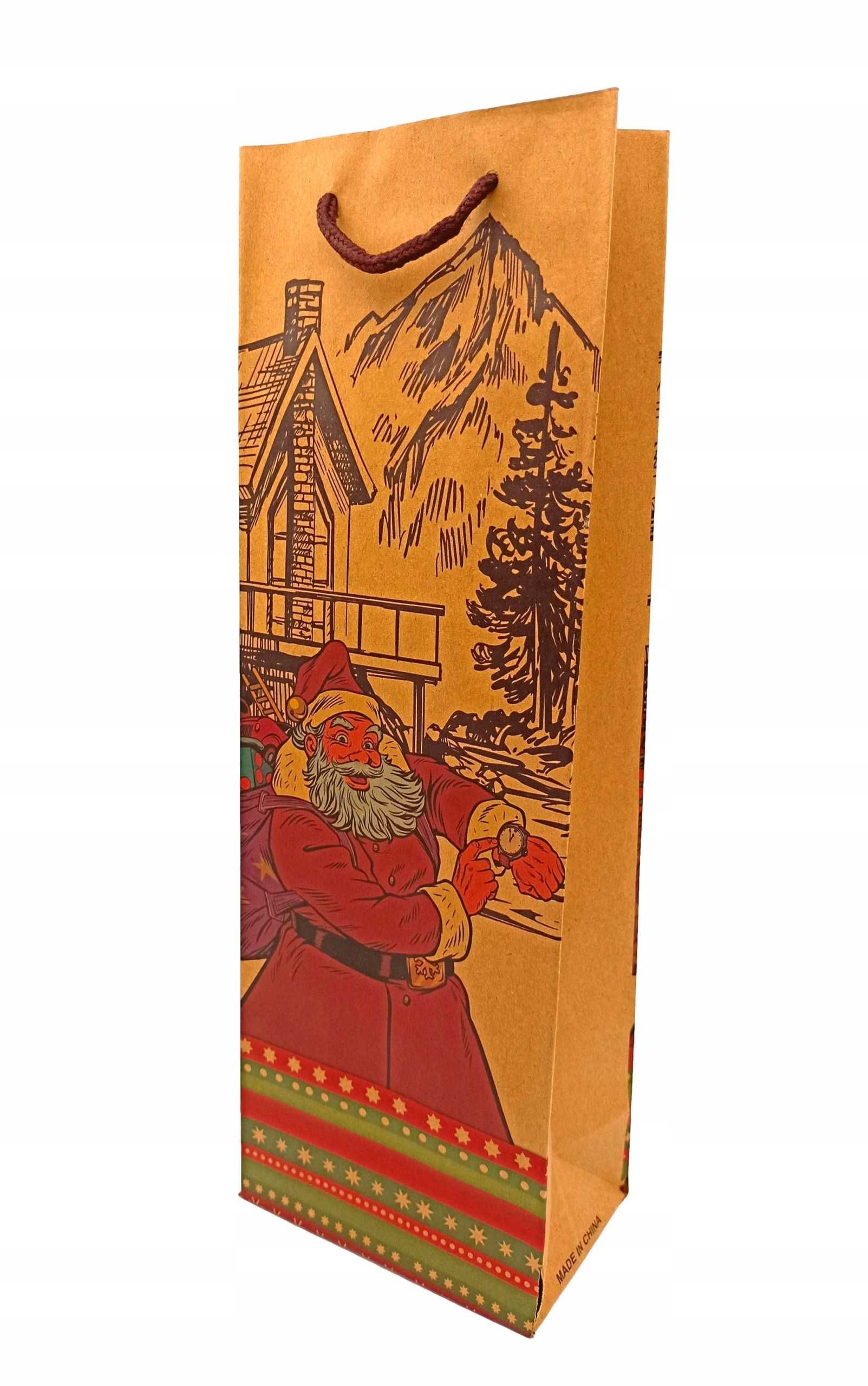 Świąteczna torebka na butelkę  Mikołaj z zegarkiem