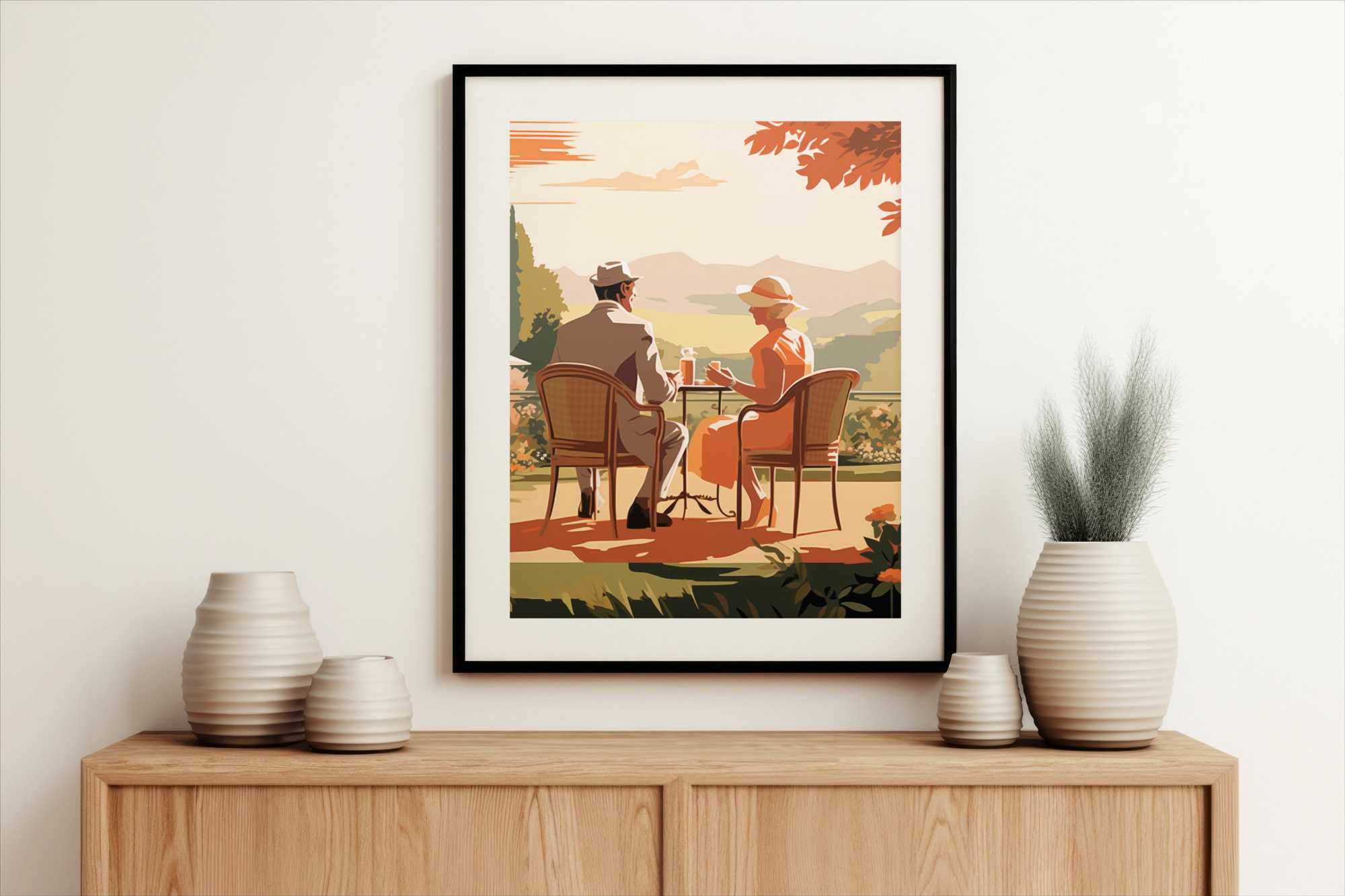 Plakat 50x50cm Retro Randka | Vintage Ławka Miłość Zakochani | SALON