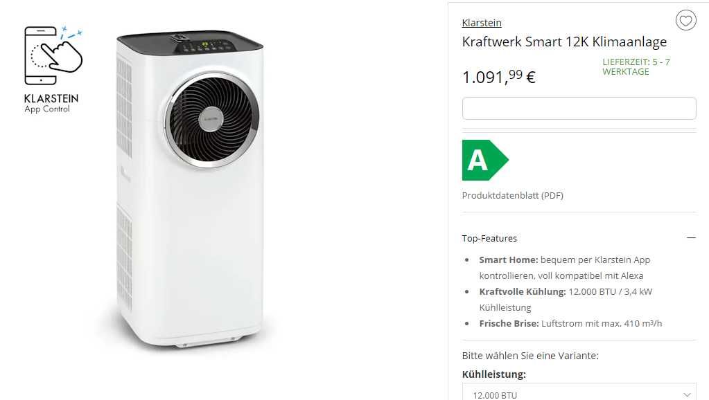 Кондиціонер Klarstein Kraftwerk Smart 12,Ціна в Німеччині 1000 євро