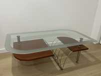 Mesa de centro sala madeira cerejeira vidro e inox