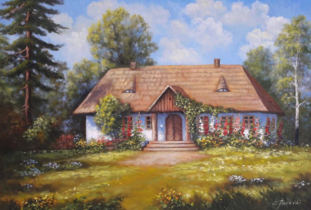 Obraz olejny na płótnie "Staropolski dworek w malwach" roz. 70x50 cm