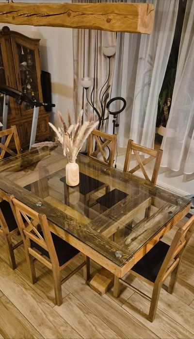 Stół stare drewno, szklany blat,  Stół konferencyjny, sala weselna