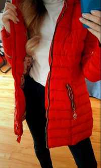 Wiśniowa czerwona kurtka długa zimowa s