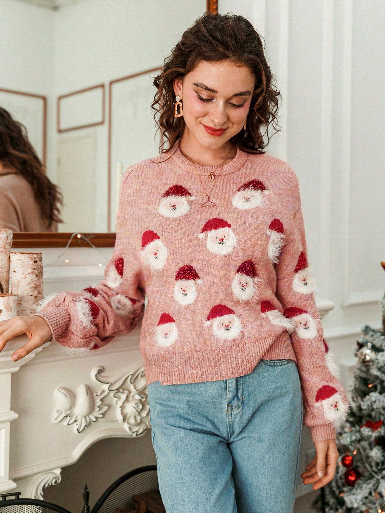 Sweterek Świąteczny Oversize W Mikołaje Różowy Shein L 40