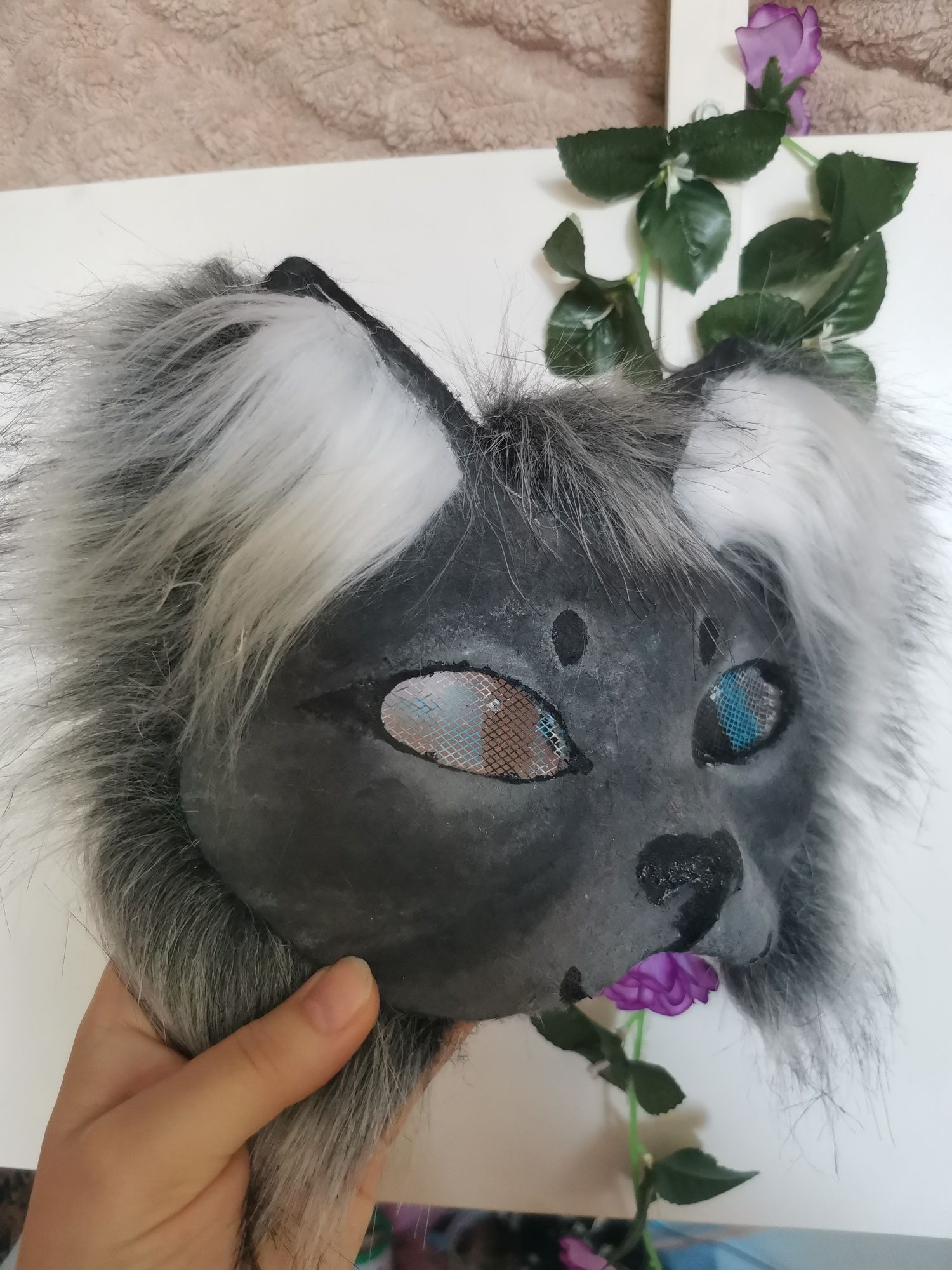 Szara maska Handmade Therian Furry mask kot