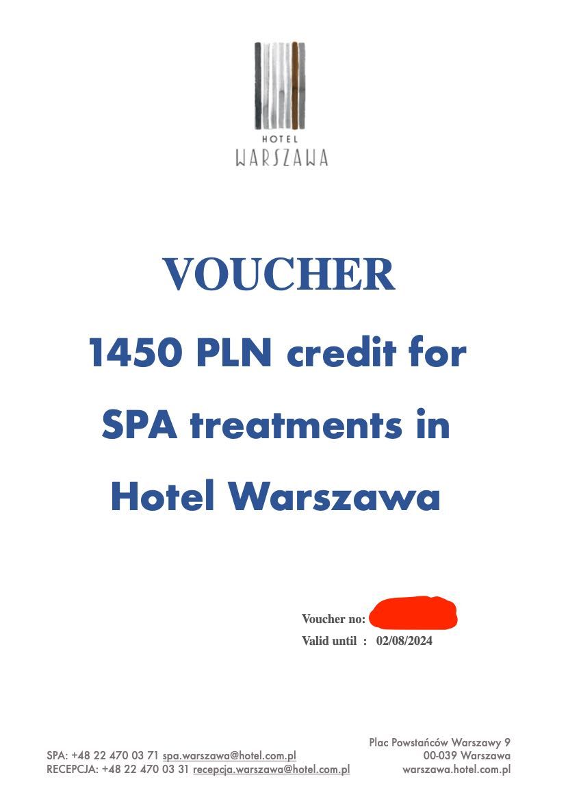 Voucher do Hotelu Warszawa na kwotę 1450 zł