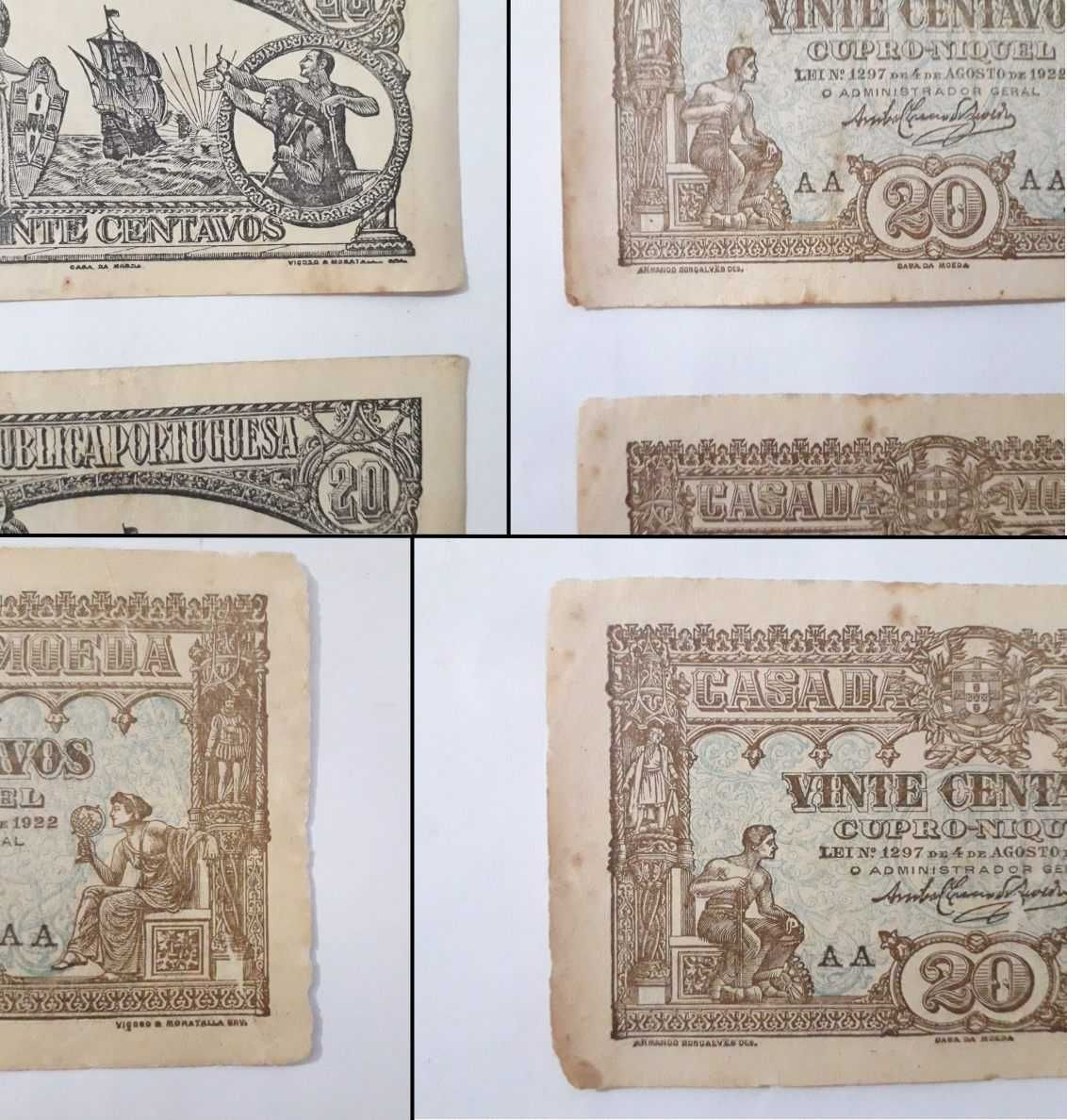 Notas-cédula de 20 centavos de 1922 Rep. Portuguesa (Casa da Moeda)