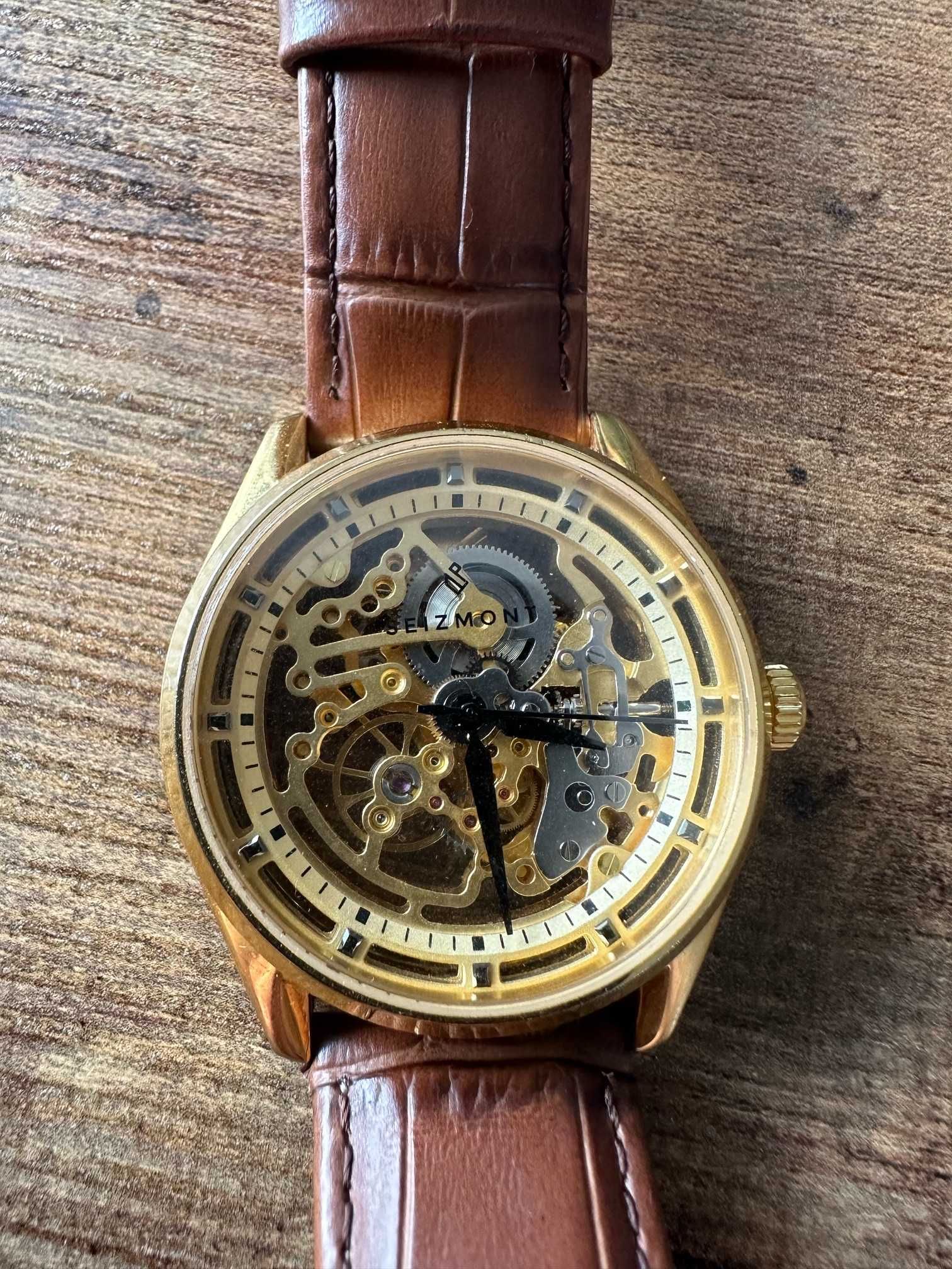 Zegarek SEIZMONT z widocznym mechanizmem Złoty, pasek skóra brązowy