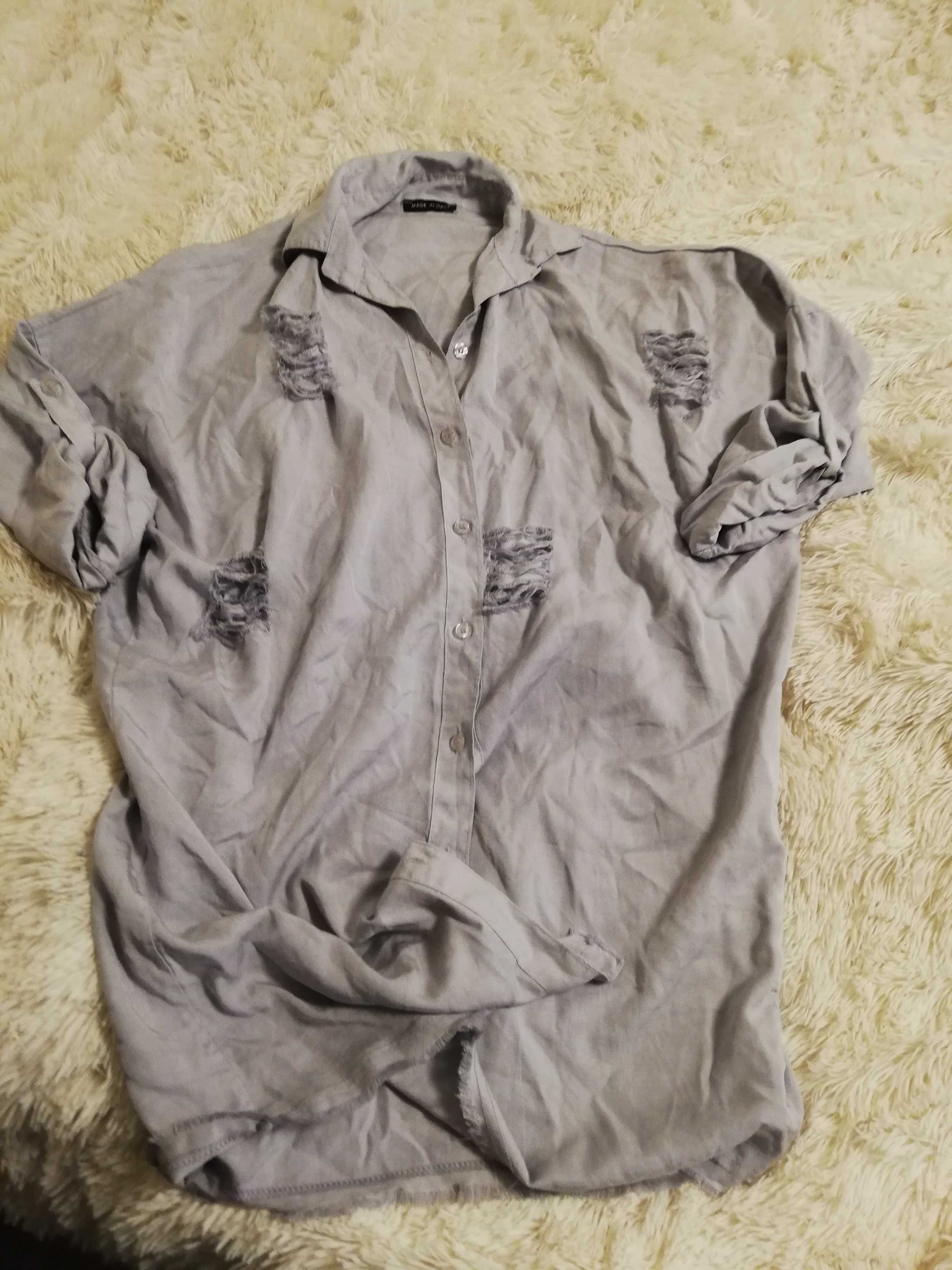 bluzka koszulowa M 38 L 40  jedwab rayon Made in Italy  szara oversize