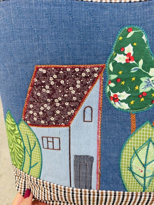 Torba handmade z dżinsu z motywem domków Unikalny shopper