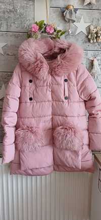 Pudrowa pikowana kurtka futro futerko zimowa płaszcz płaszczyk S 36