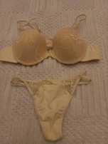 Conjunto novo soutien e tanga em tule bordado e elastano amarelos