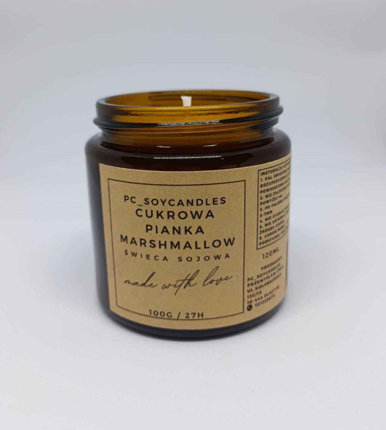 Świeca Sojowa Zapachowa Cukrowa Pianka Marshmallow 120ml 27h