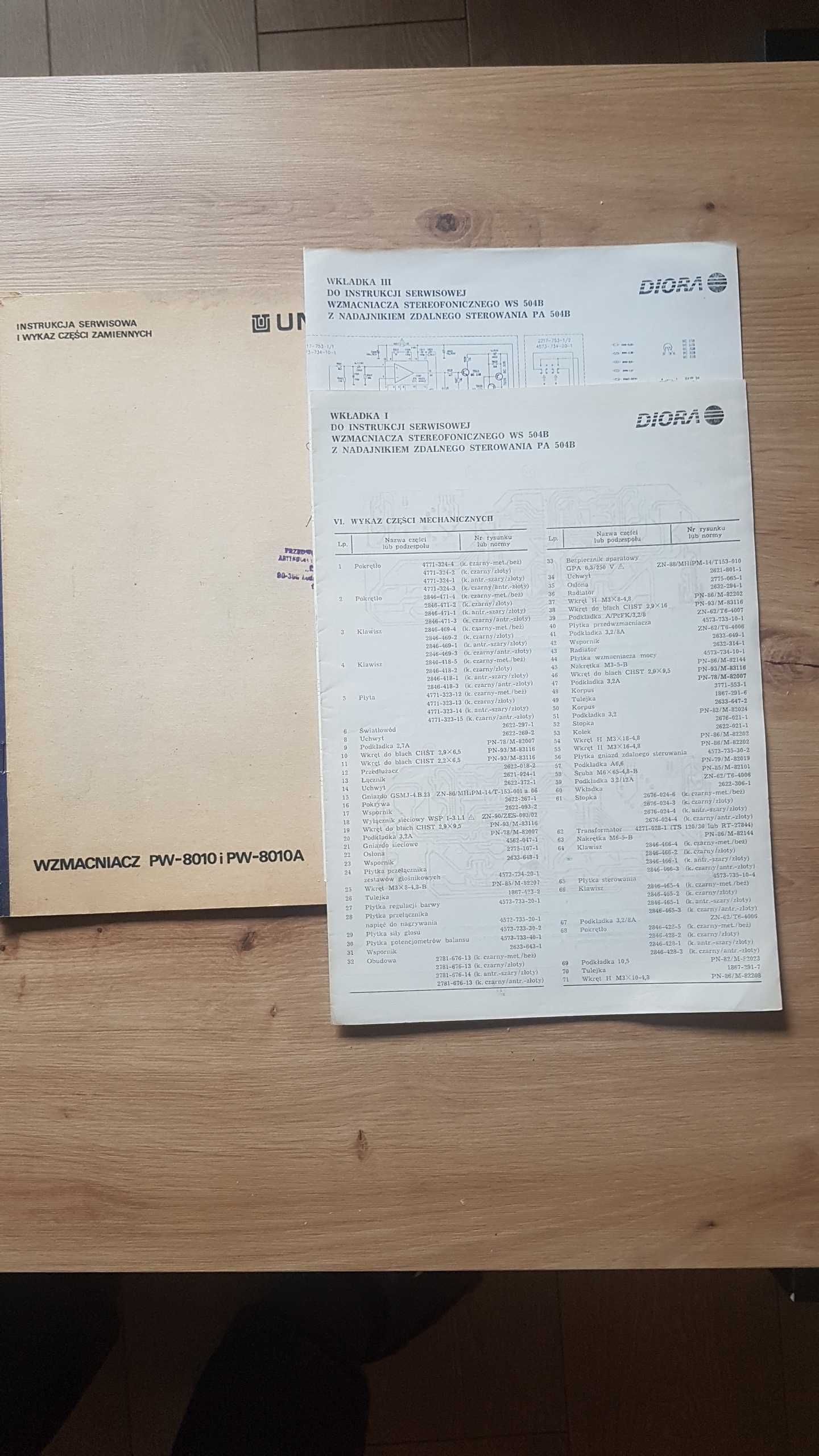 Wzmacniacz-instrukcje serwisowe, katal części zam, instrukcje obsługi