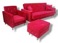 Piękny komplet Sofa rozkłdana Glamour Fotel podnóżek Kanapa Zestaw puf