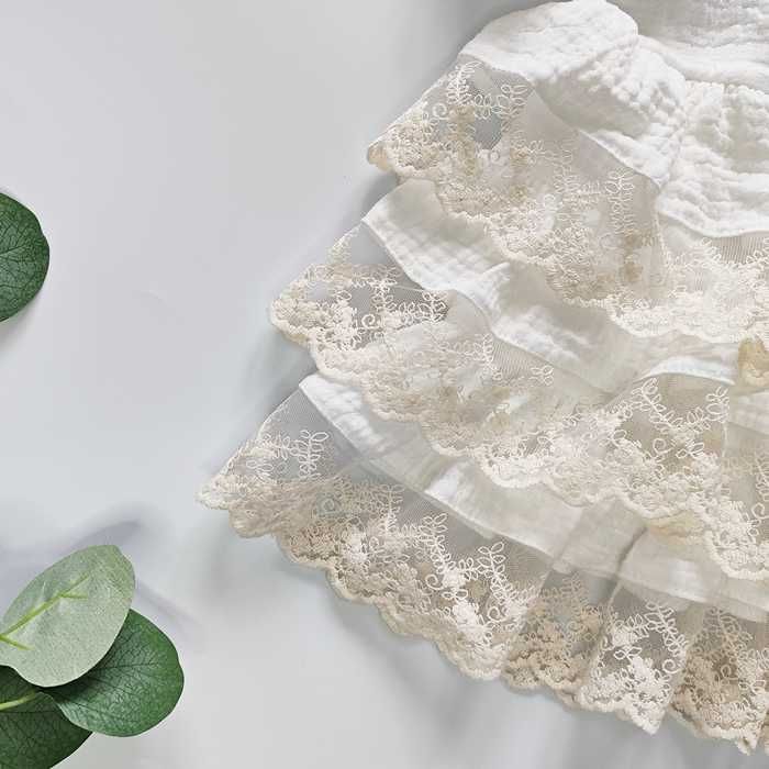 Elegancka muślinowa biała SUKIENKA z koronką, krótki rękaw, chrzest 62