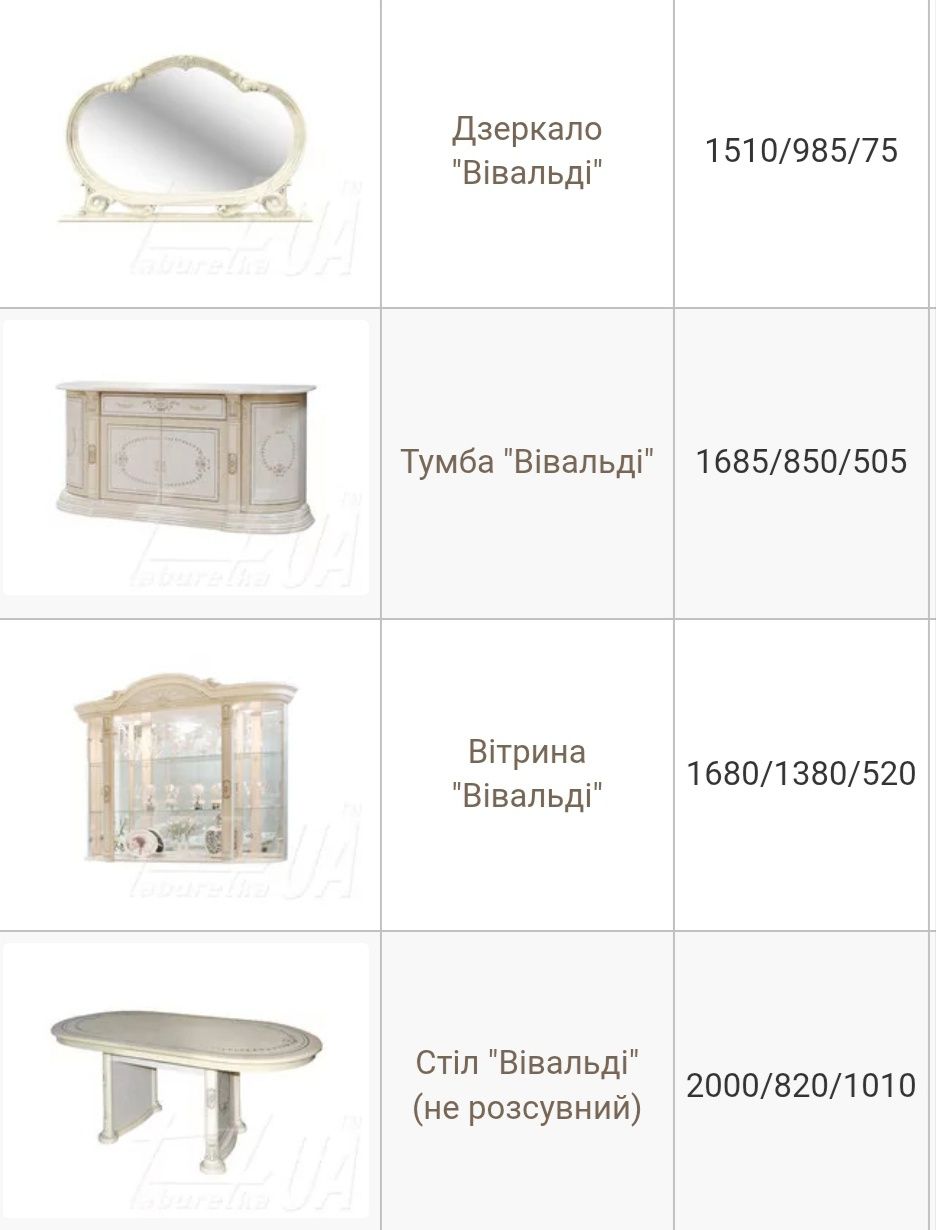 Гарнітур модуль "Вівальді".  Стіл, стільці, комоди, витрина, дзеркало