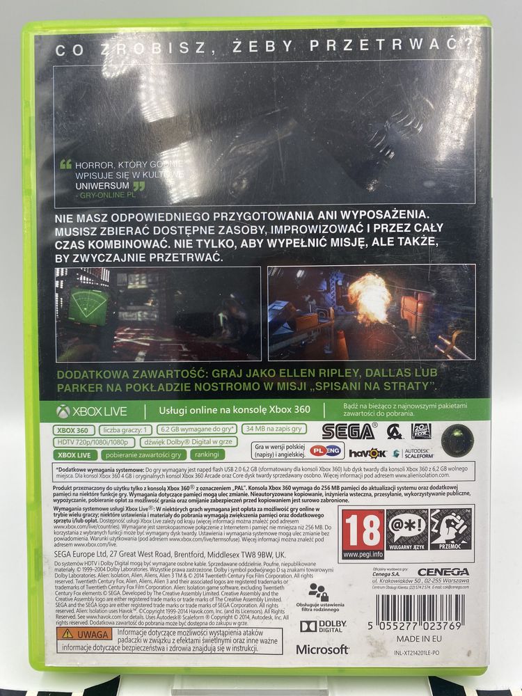 Obcy Izolacja Edycja Nostromo Xbox 360 Gwarancja