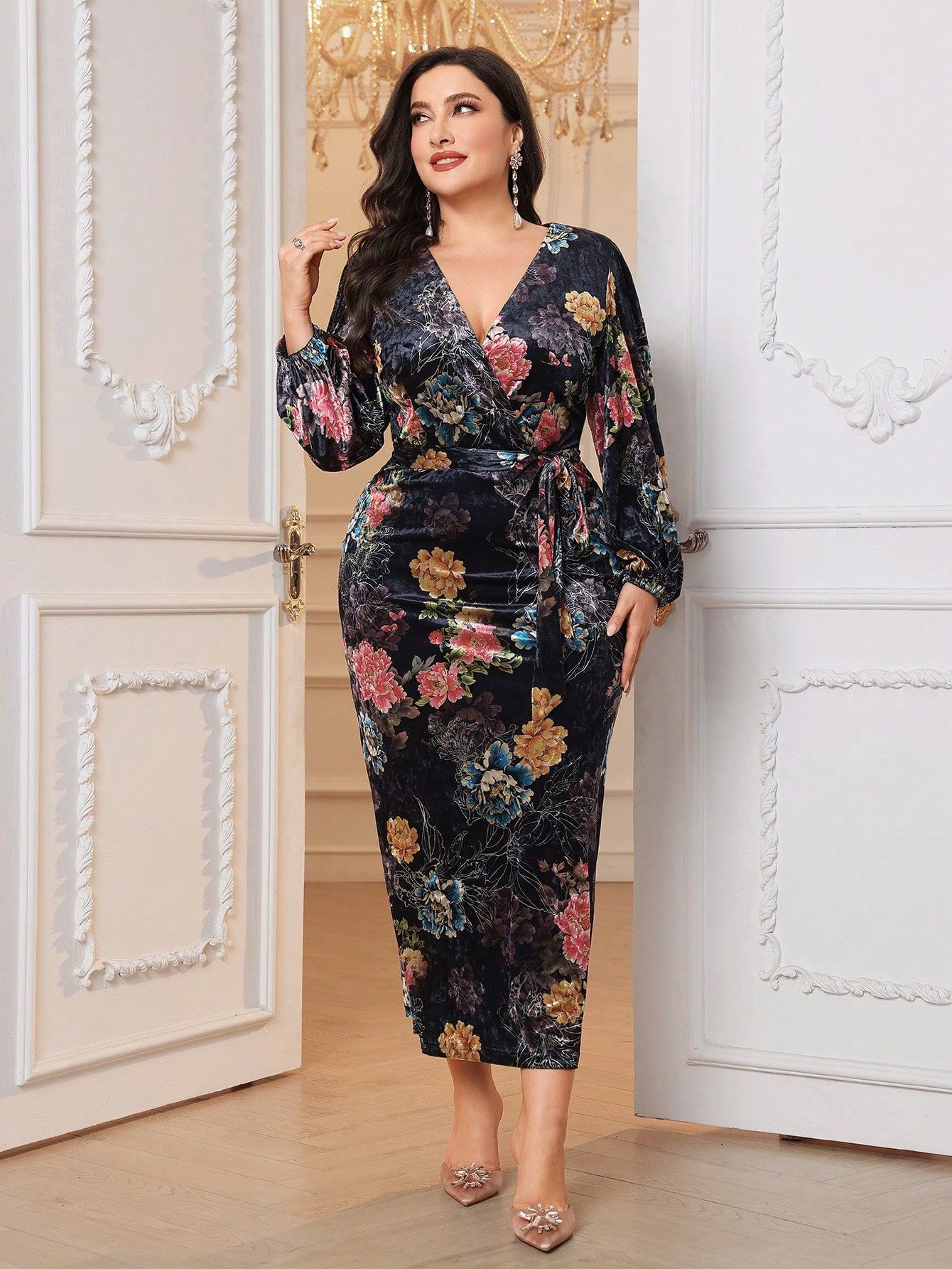 Sukienka Maxi Aksamitna Elegancka Ołówkowa W Kwiaty Shein Xxl 44