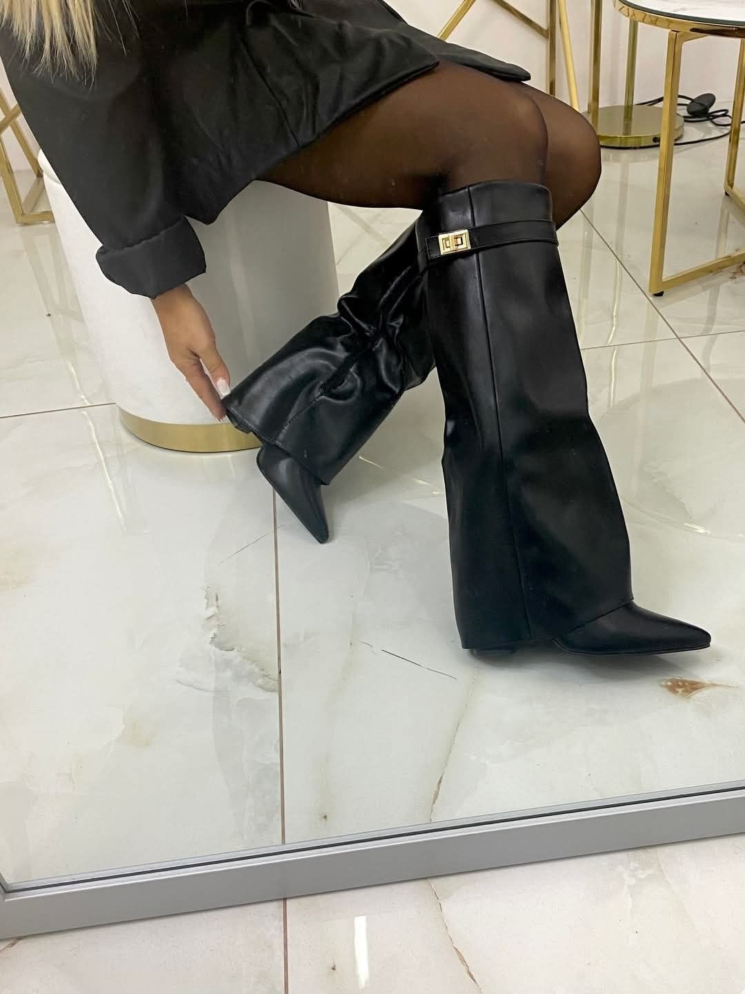 Kozaki z wywijaną wywiniętą cholewką jak Givenchy obcas słupek szpic