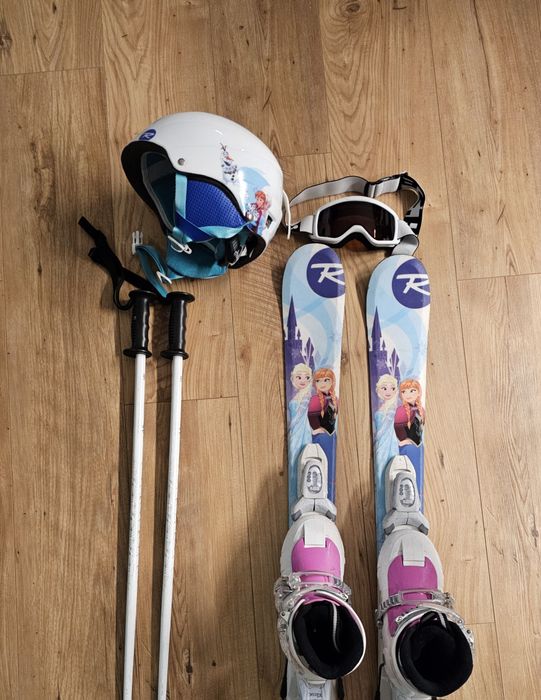 Narty Rossignol 104 Kask Frozen buty reg. 18 - 21,5cm kijki komplet
