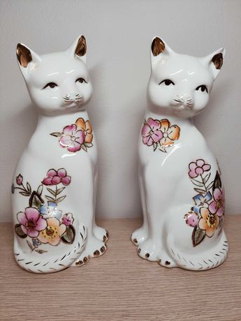 Unikatowe duże koty porcelana w stylu vintage ręcznie zdobione