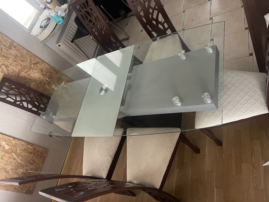 Stół rozkładany szklany 140-180cm + 6 krzeseł