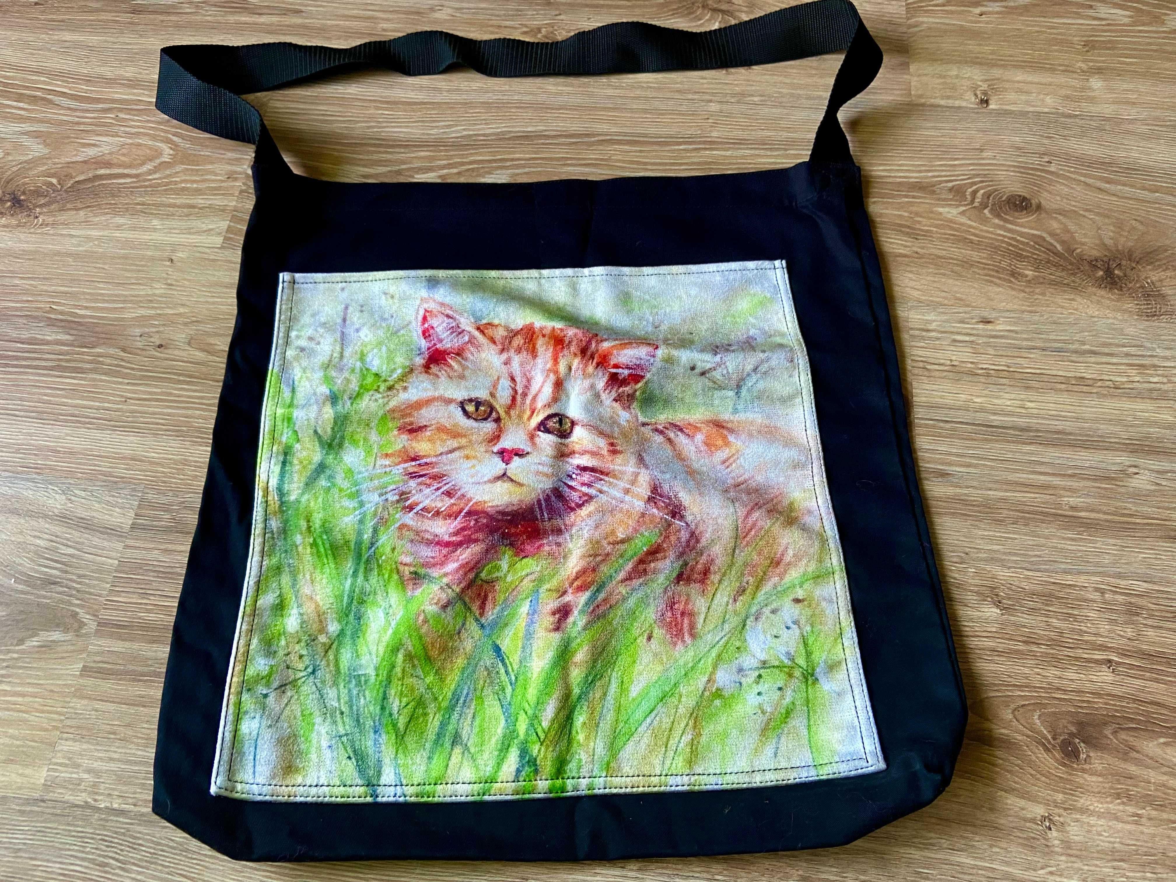Torba zakupowa z namalowanym ręcznie rudym kotem 46x46 cm