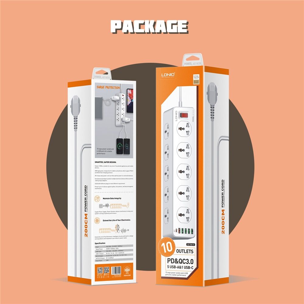 Удлинитель Ldnio SC10610 сетевой фильтр QC зарядка 10 220 + 5 USB 2м