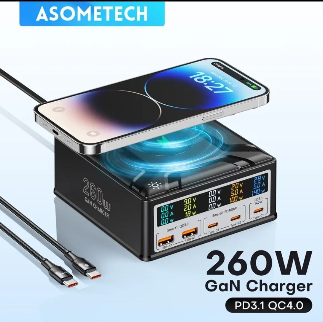 Зарядное Asometech GaN 260w  для Apple Xiaomi Samsung Huawei