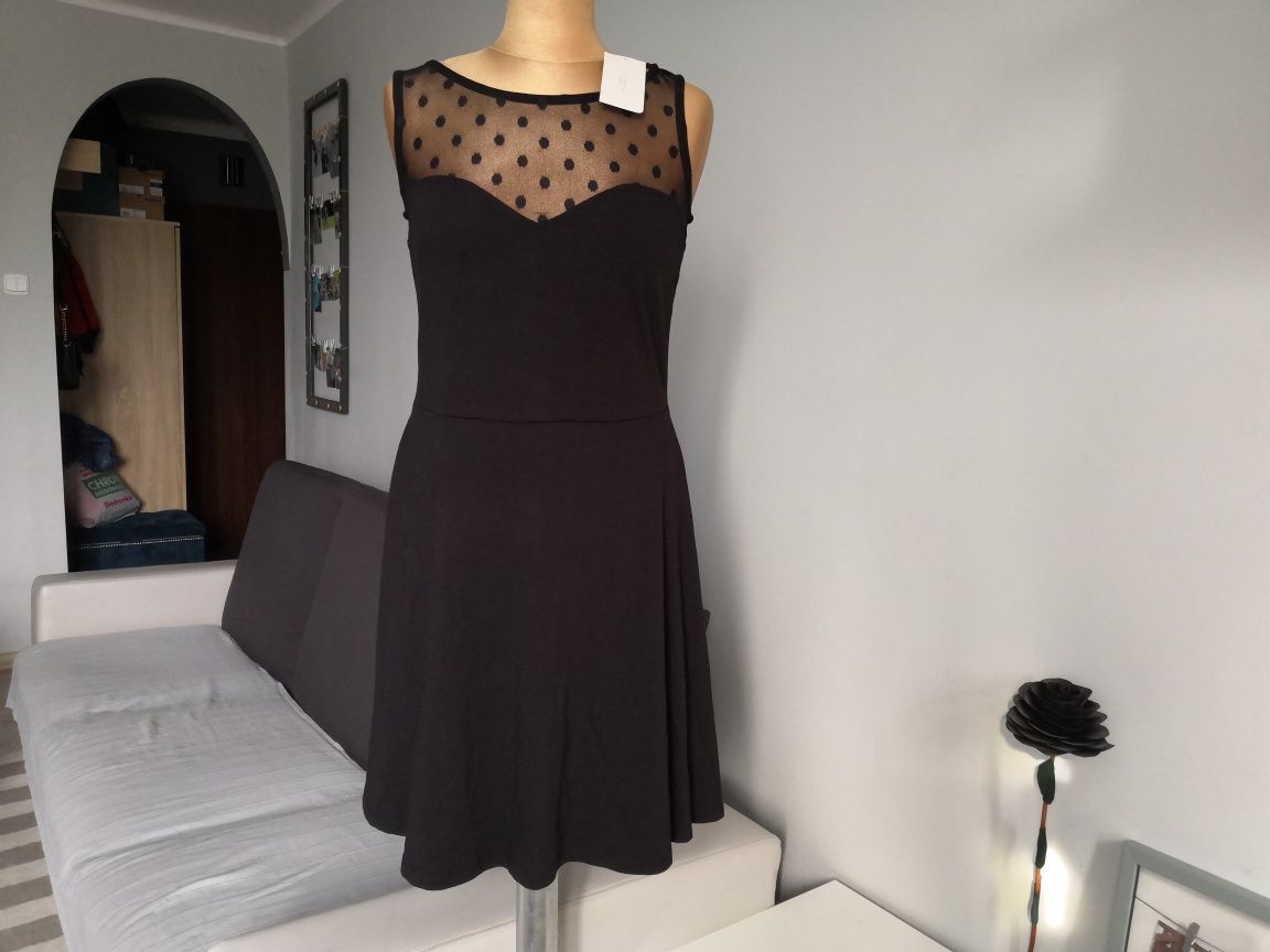 New look Nowa czarna rozkloszowana sukienka siateczka dekolt serduszko