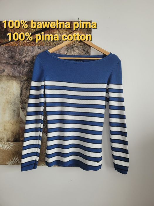 Ciepły damski sweter dekolt łódka Tommy Hilfiger r.M 38 biały niebiesk
