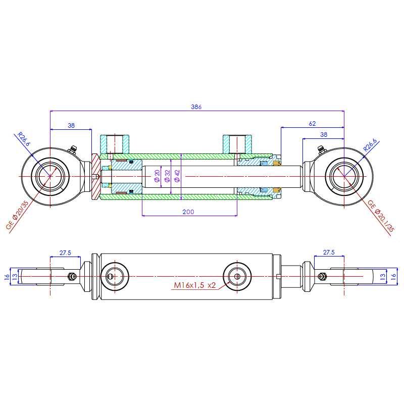 Cylinder siłownik hydrauliczny dwustronnego działania długość: 386mm