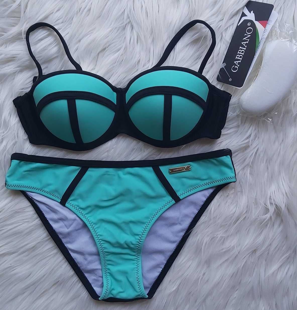 M/L Bikini Gabbiano nowe z metka miętowe czarne paski strój kąpielowy